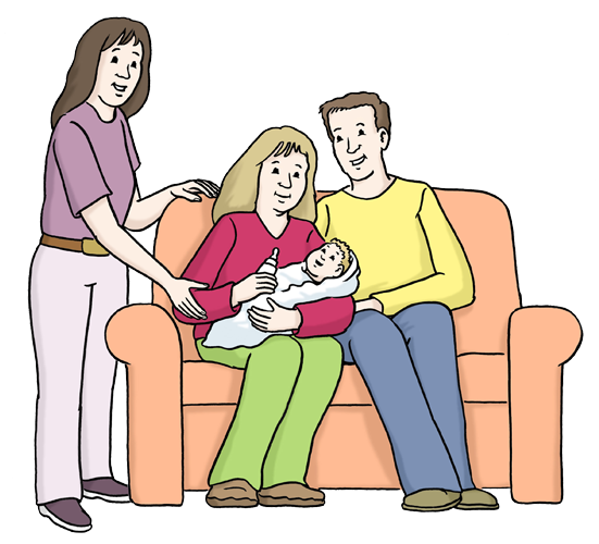 Illustration: Eine Familie mit Vater, Mutter und Baby sitzt auf einem Sofa. Daneben steht eine andere Person. Sie lächelt.